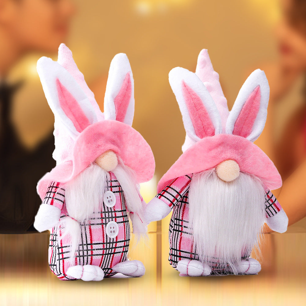 Pink-Eared Plaid Bunny Dwarf Doll Elf Doll Ornaments
