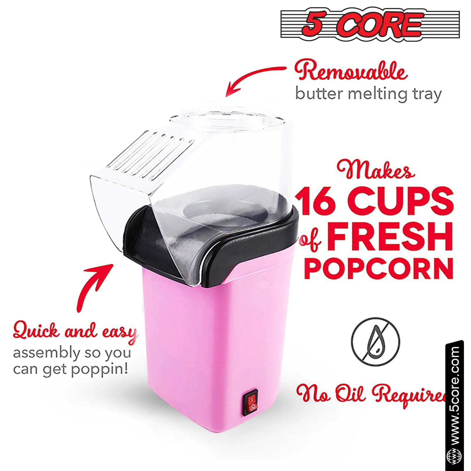 5Core Hot Air Popcorn Machine, 16 Cup, Electric Oil-Free Pop Corn Kernel Popper Bpa-Free Food Safe Pink