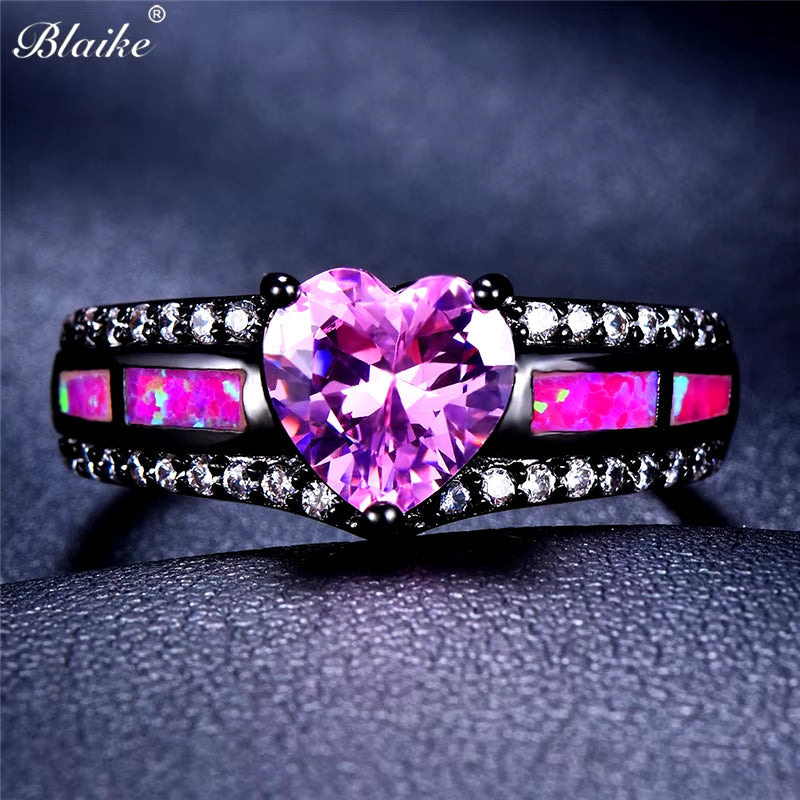Pink Heart Zircon Single Row Pink Fire Opal Rings for Women Black Gold Color Fashion Engagement Jewelry Halloween Gifts