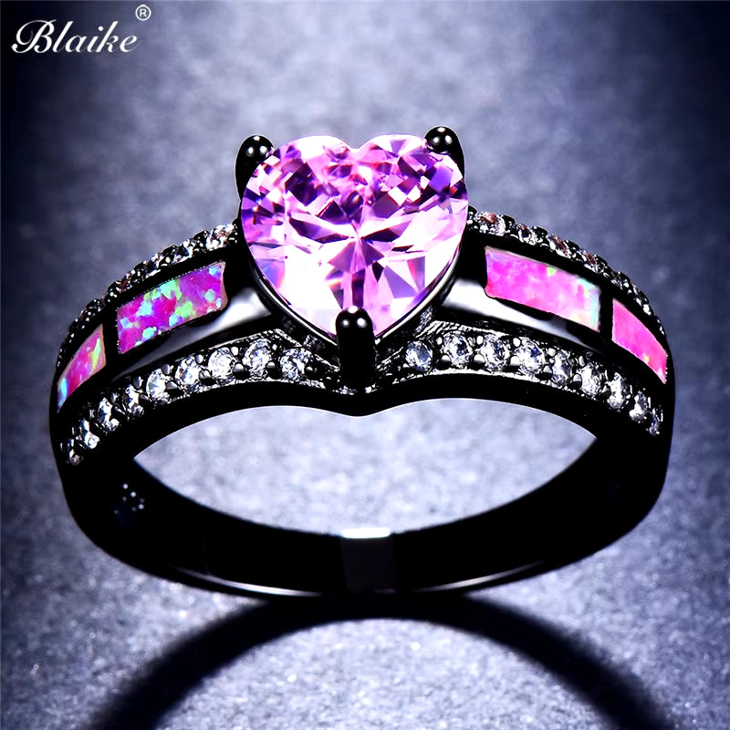 Pink Heart Zircon Single Row Pink Fire Opal Rings for Women Black Gold Color Fashion Engagement Jewelry Halloween Gifts