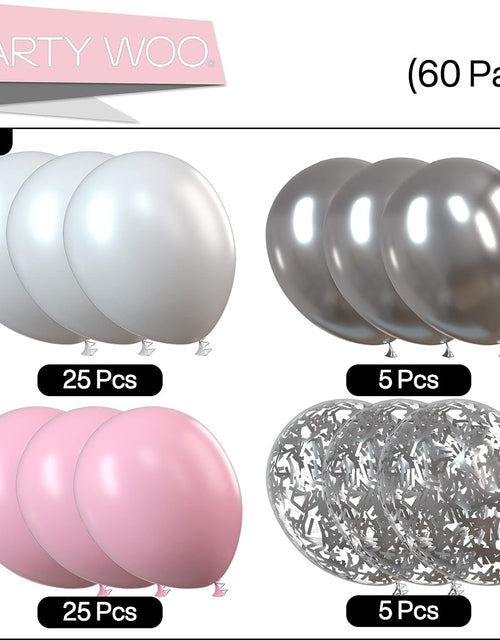 Load image into Gallery viewer, Pink Balloons Set, 60 Pcs Pink and White Balloons, Silver Metallic Balloons, Silver Confetti Balloons, Party Balloons, Latex Balloons, Birthday Party Decorations, Pink Party Decorations
