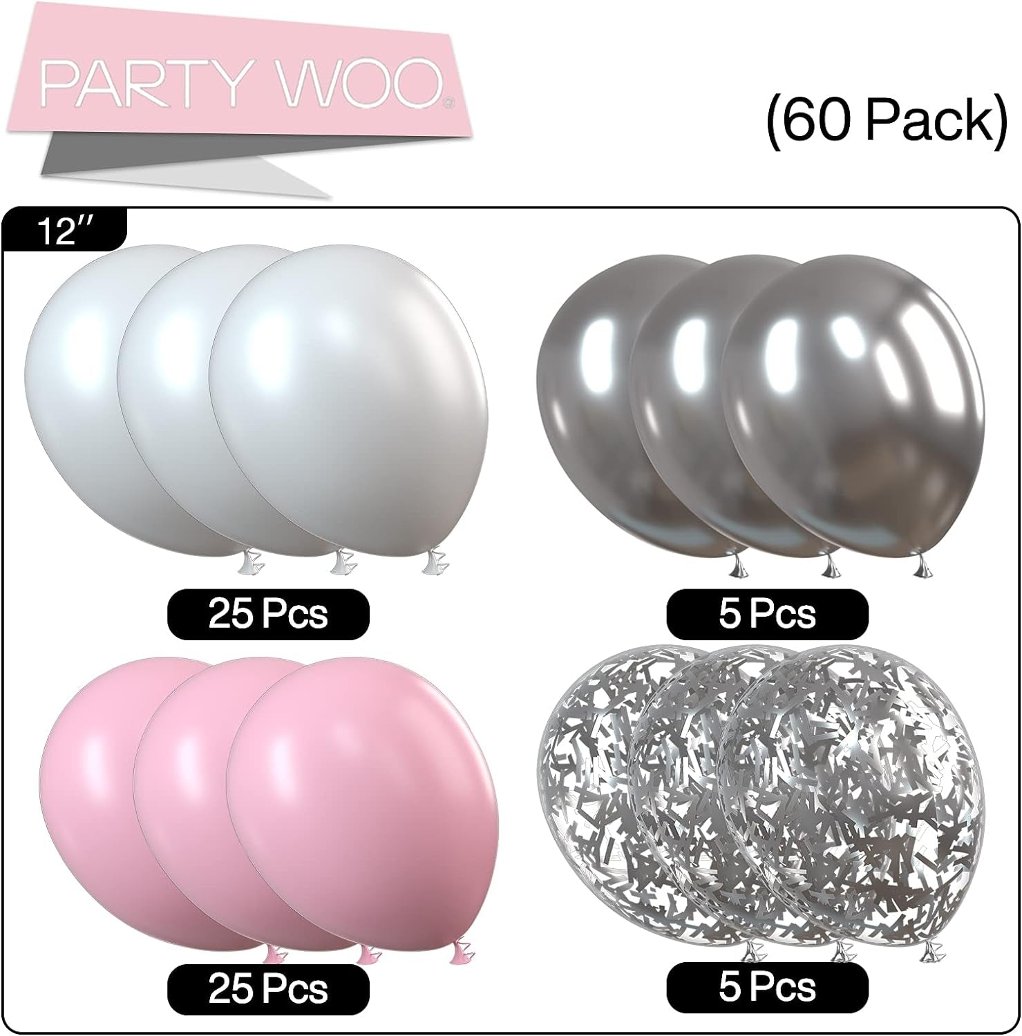 Pink Balloons Set, 60 Pcs Pink and White Balloons, Silver Metallic Balloons, Silver Confetti Balloons, Party Balloons, Latex Balloons, Birthday Party Decorations, Pink Party Decorations