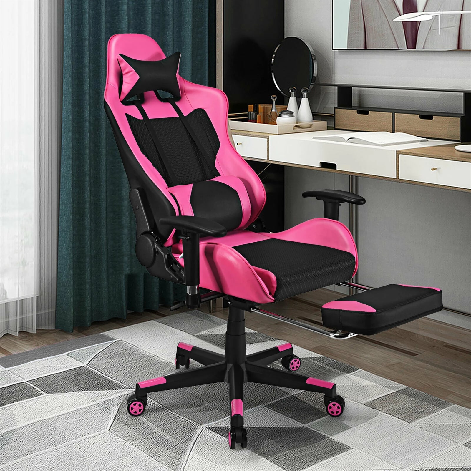 Massage Gaming Chair Reclining Racing Office Computer Chair with Footrest Pink