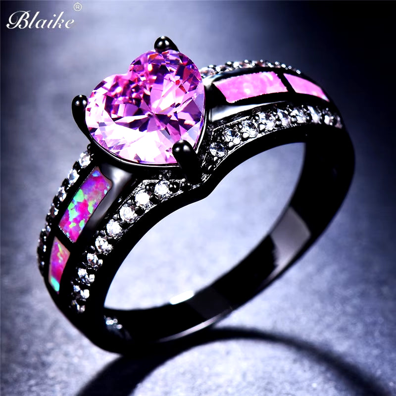 Pink Heart Zircon Single Row Pink Fire Opal Rings for Women Black Gold Color Fashion Engagement Jewelry Halloween Gifts