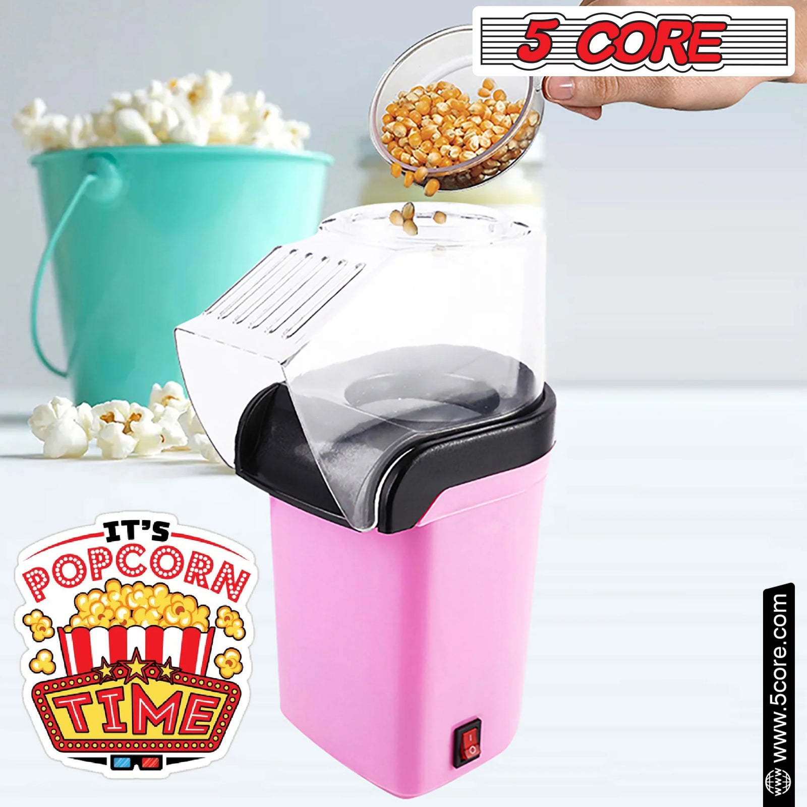 5Core Hot Air Popcorn Machine, 16 Cup, Electric Oil-Free Pop Corn Kernel Popper Bpa-Free Food Safe Pink