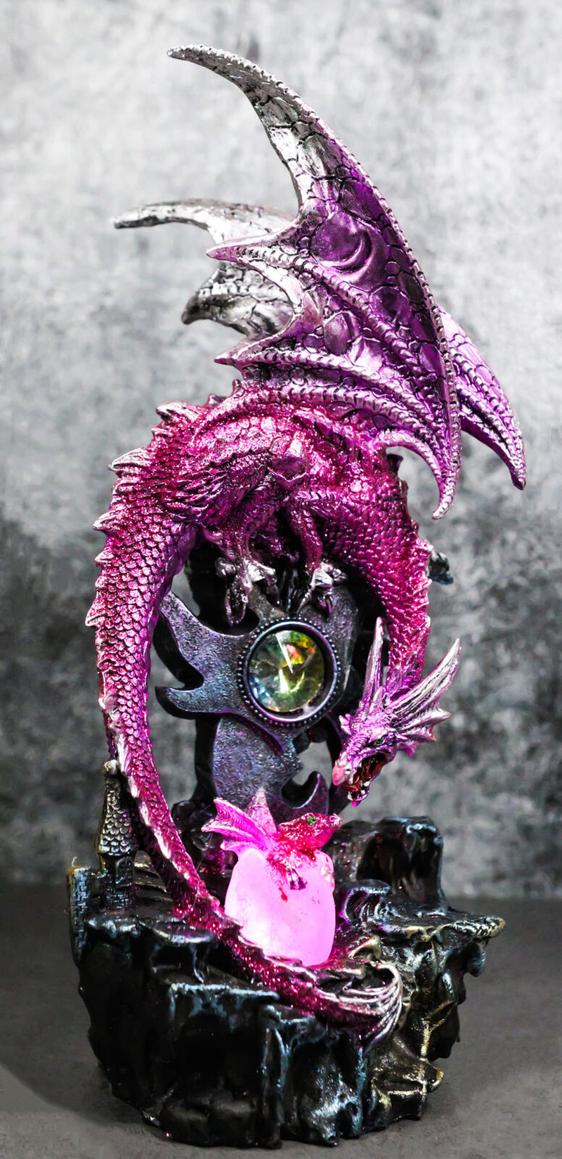 Pink Metallic Dragon Guarding Hatchling Drake Emerging from Acrylic LED Egg