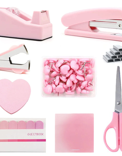 Load image into Gallery viewer, Pink Desk Accessories, Pink Office Supplies with Stapler, Tape Dispenser, Staples, Staple Remover, Push Pins, Scissors, Tabs
