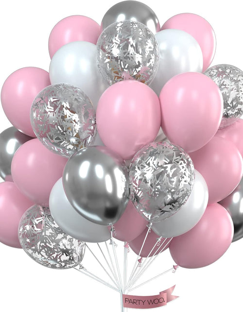 Load image into Gallery viewer, Pink Balloons Set, 60 Pcs Pink and White Balloons, Silver Metallic Balloons, Silver Confetti Balloons, Party Balloons, Latex Balloons, Birthday Party Decorations, Pink Party Decorations
