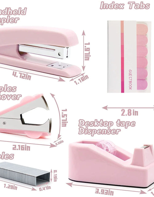 Load image into Gallery viewer, Pink Desk Accessories, Pink Office Supplies with Stapler, Tape Dispenser, Staples, Staple Remover, Push Pins, Scissors, Tabs
