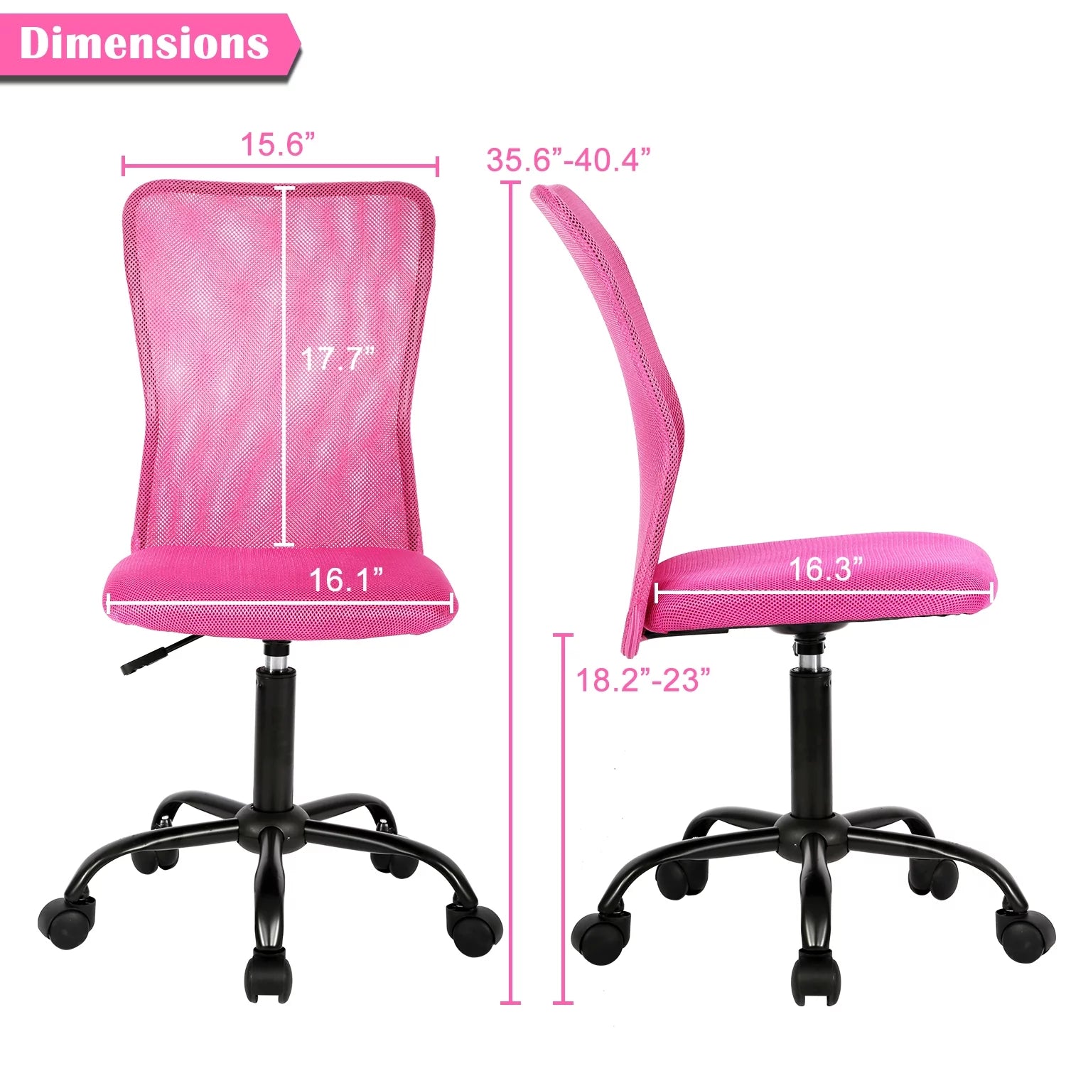 Pink Office Chair Adjustable Armless Mesh Computer Desk Chair with Lumbar Support, Ergonomic Mid Back Swivel Task Executive Chair, Pink