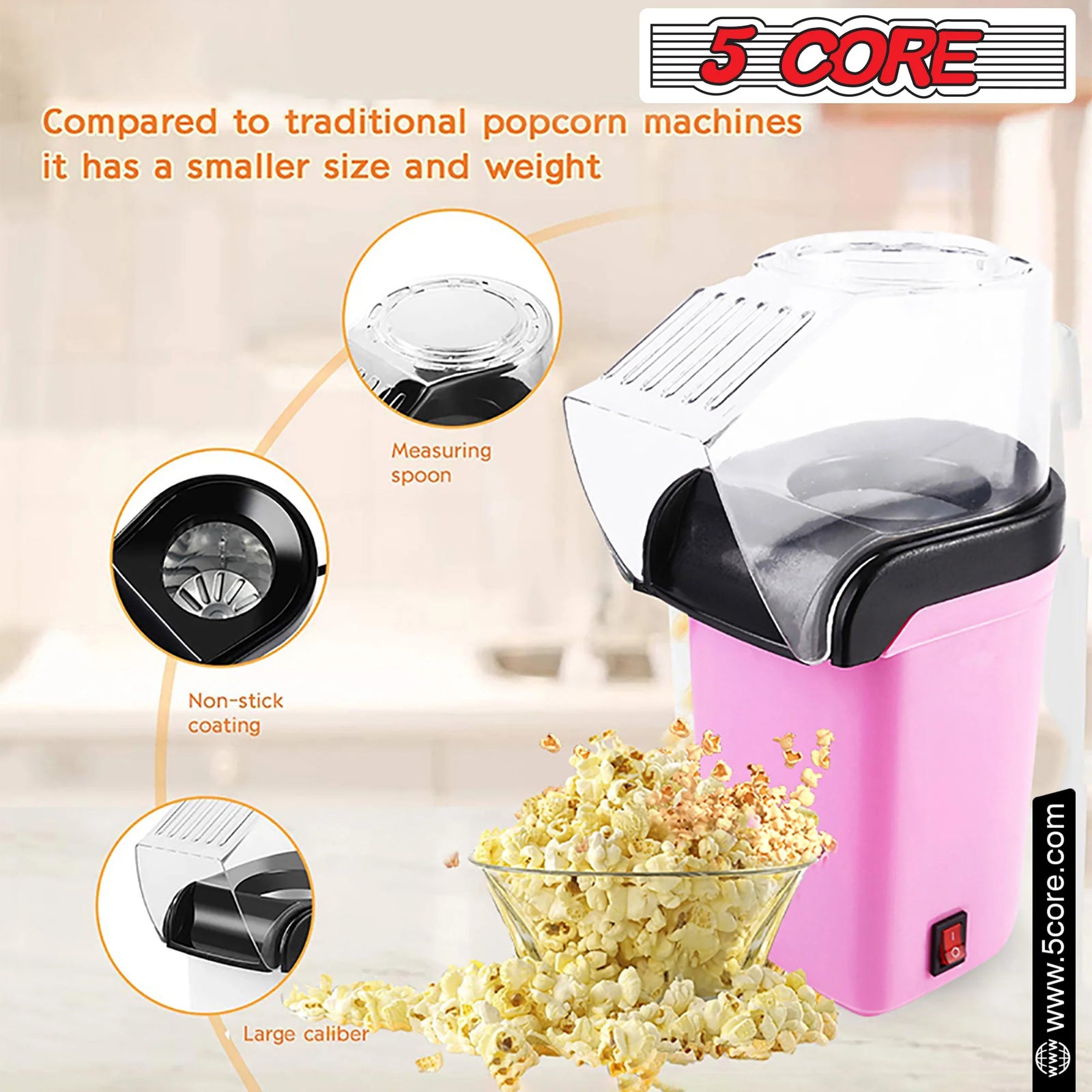5Core Hot Air Popcorn Machine, 16 Cup, Electric Oil-Free Pop Corn Kernel Popper Bpa-Free Food Safe Pink