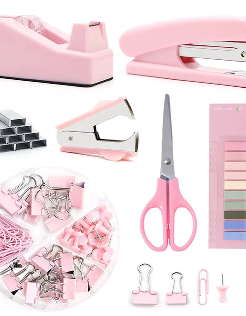 Load image into Gallery viewer, Pink Office Supplies, Desk Organizers and Accessories Office Supplies with Staple Remover, Stapler, Tape Dispenser, Staples, Clips, Scissor and Tabs
