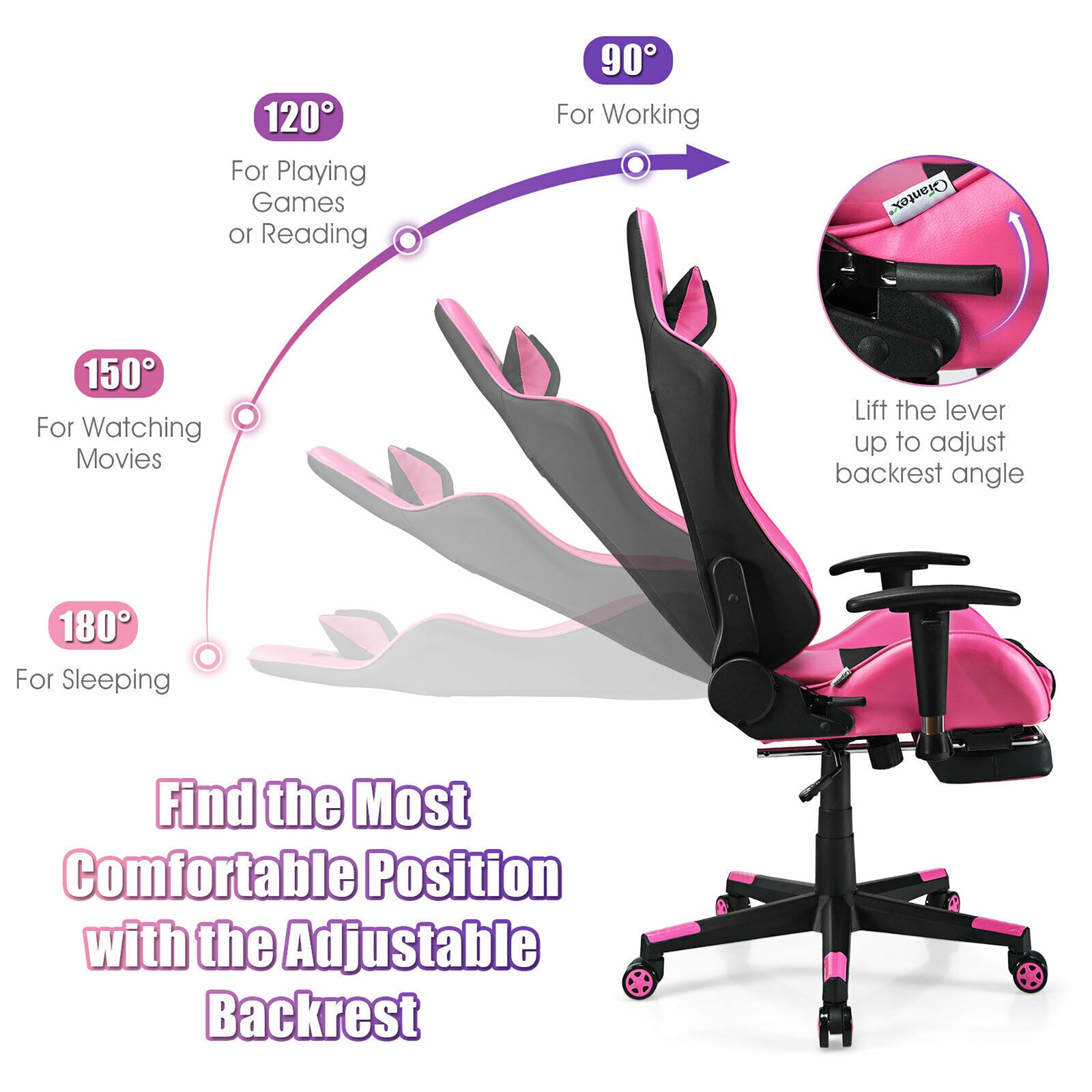 Massage Gaming Chair Reclining Racing Office Computer Chair with Footrest Pink