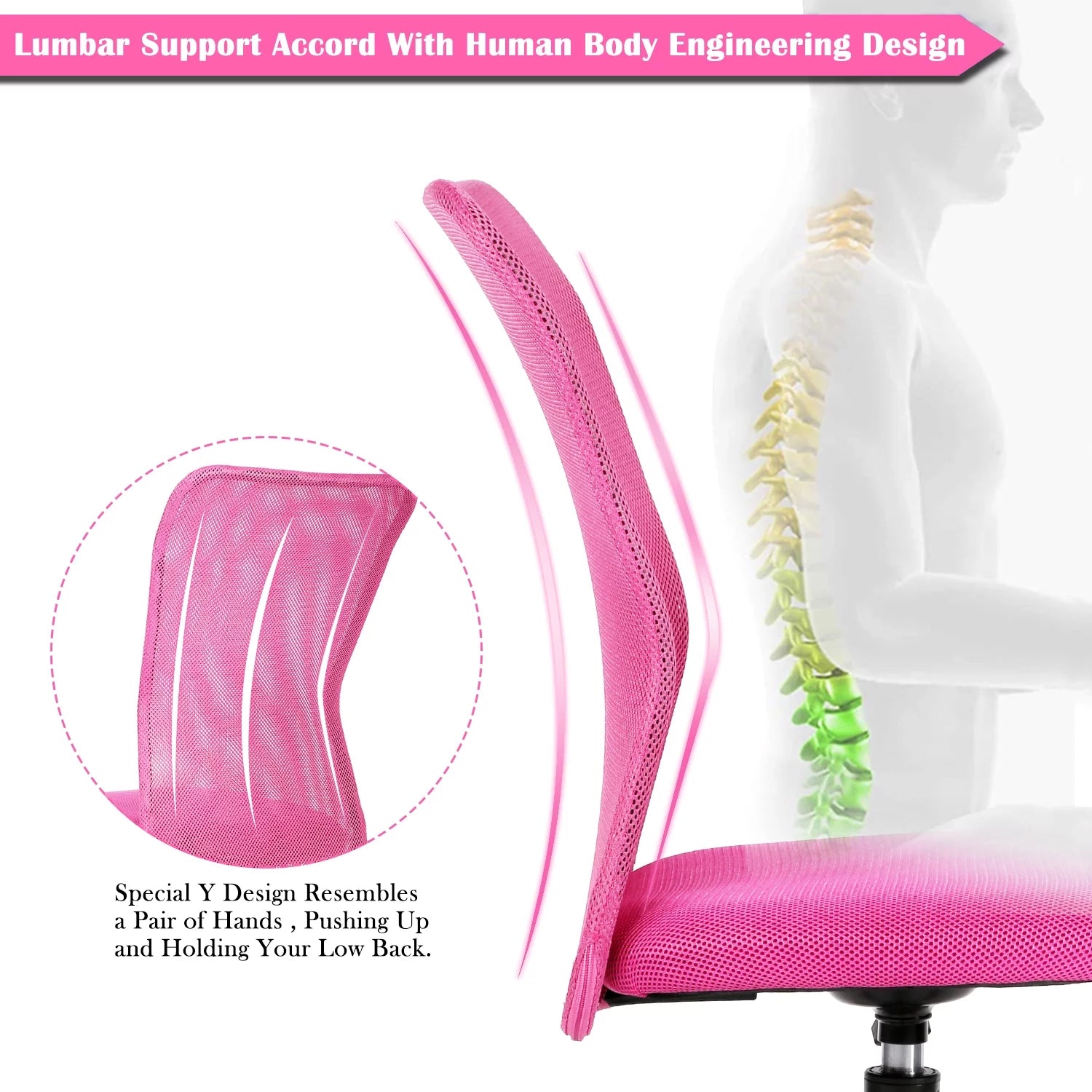 Pink Office Chair Adjustable Armless Mesh Computer Desk Chair with Lumbar Support, Ergonomic Mid Back Swivel Task Executive Chair, Pink