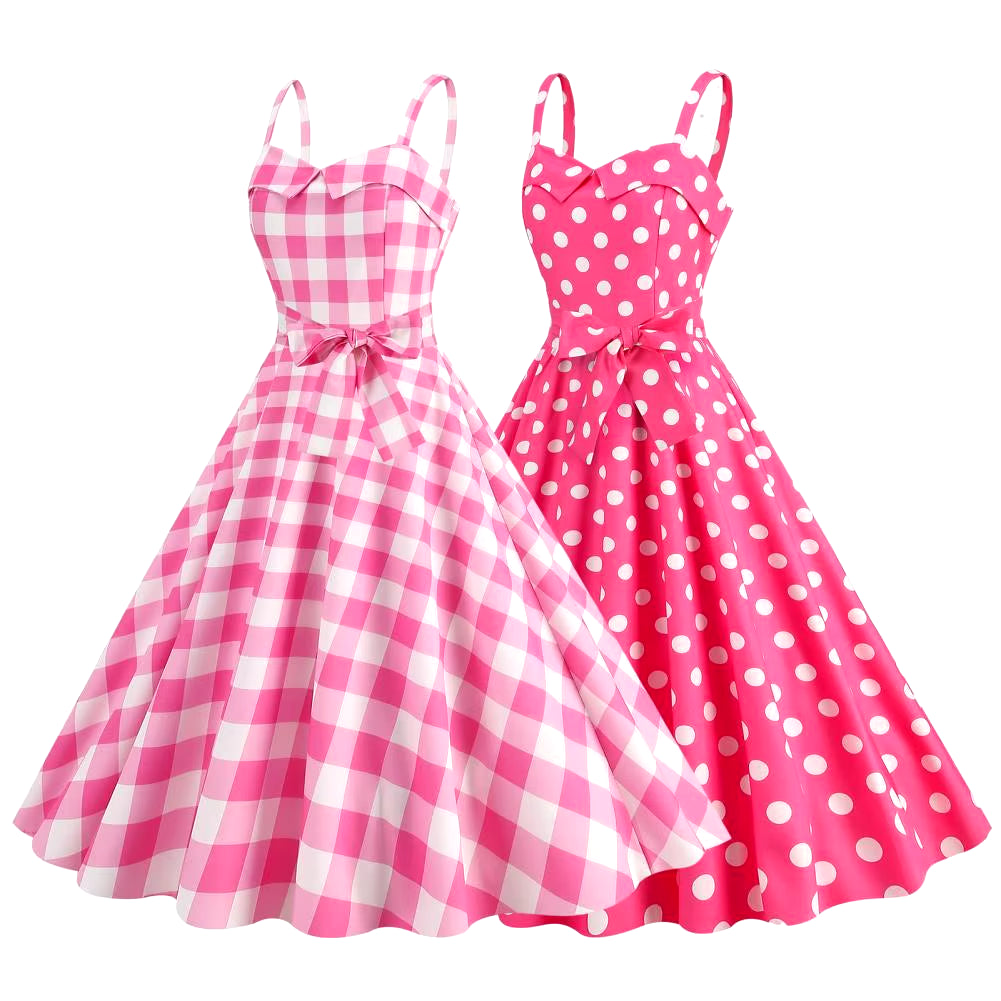 Elegant Pink Summer Plaid Dress Movie Barbi Pink Dress for Women Princess Robbie Lace-Up Dresses