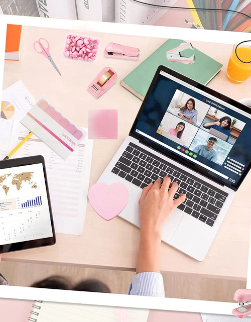 Load image into Gallery viewer, Pink Desk Accessories, Pink Office Supplies with Stapler, Tape Dispenser, Staples, Staple Remover, Push Pins, Scissors, Tabs
