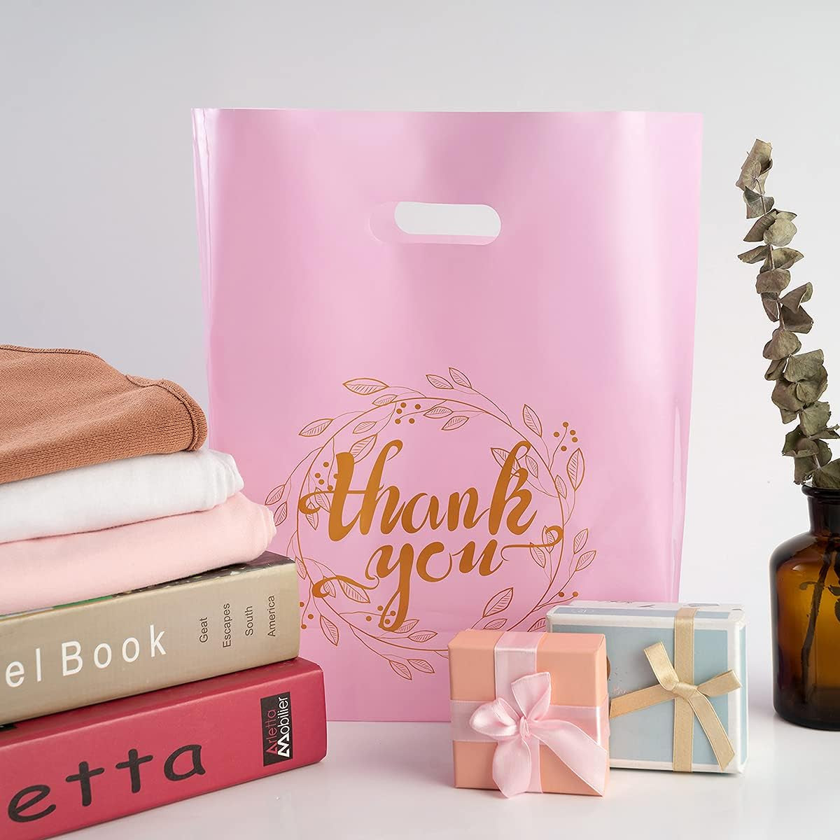 100 Pieces 12X15 Thank You Merchandise Bags Party Gift Bags Candy Bags for Boutique, Retail, Gift Bags, Clothes, Party Favors (Pink/Gold)