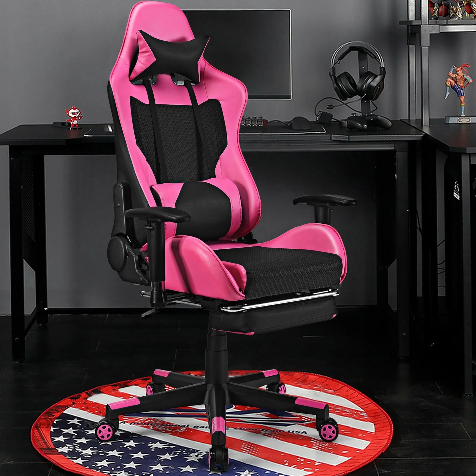 Massage Gaming Chair Reclining Racing Office Computer Chair with Footrest Pink