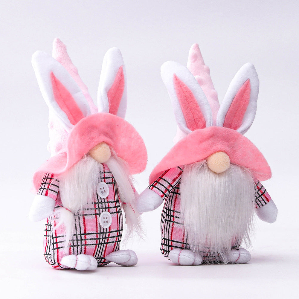 Pink-Eared Plaid Bunny Dwarf Doll Elf Doll Ornaments