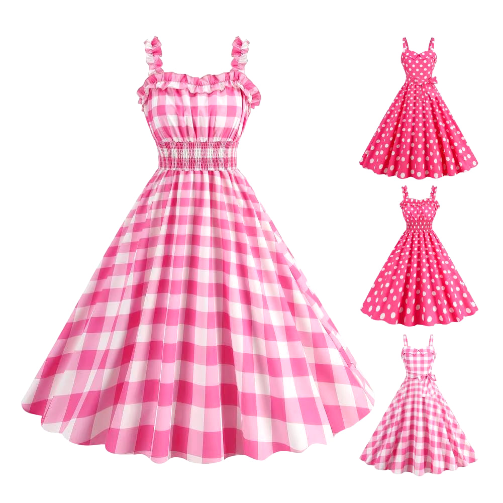 Elegant Pink Summer Plaid Dress Movie Barbi Pink Dress for Women Princess Robbie Lace-Up Dresses