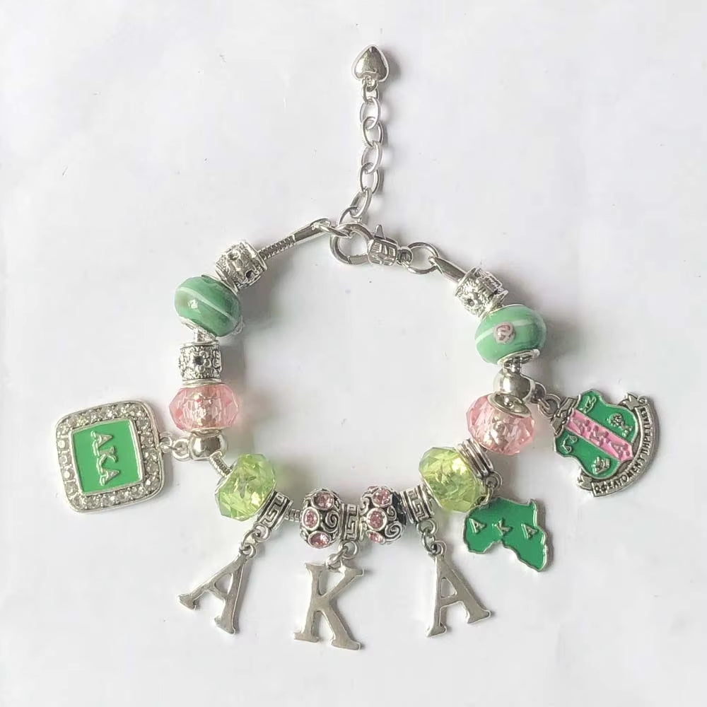 Greek Pink and Green European Style Bead Charm Bracelet