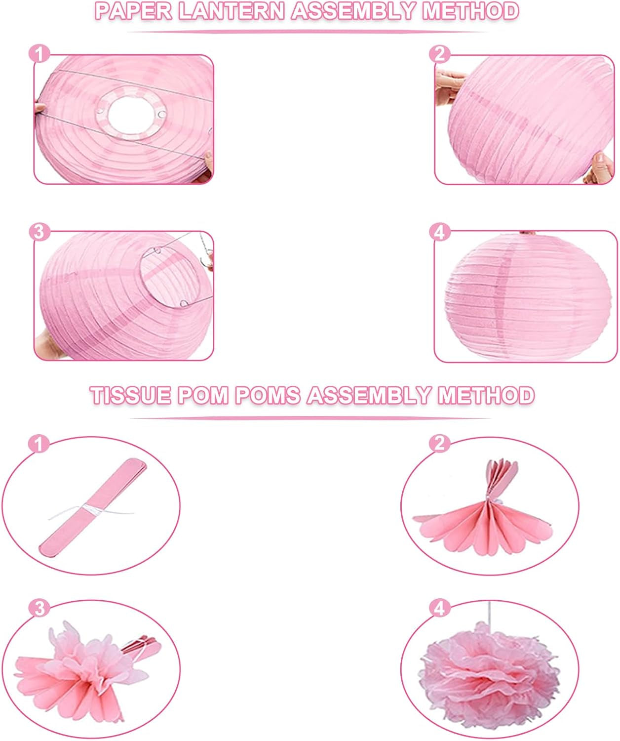 Pink Paper Lanterns Decoration Tissue Paper Pom Poms Paper Flower 18Pcs Party Decorations for Baby Shower Wedding Valentine Birthday Party - Hot Pink/Pink/White