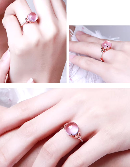 Load image into Gallery viewer, Pink Stone Cubic Zirconia Rose Gold Color Ross Quartz Pink Crystal Opal Ring Butterfly Jewelry for Women Wedding Party Gift
