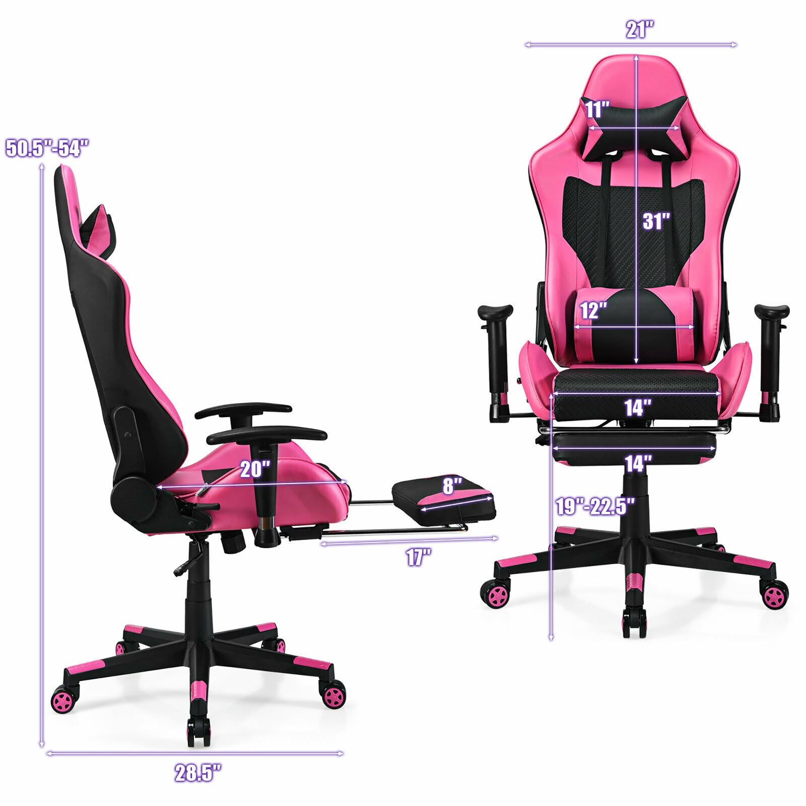 Massage Gaming Chair Reclining Racing Office Computer Chair with Footrest Pink