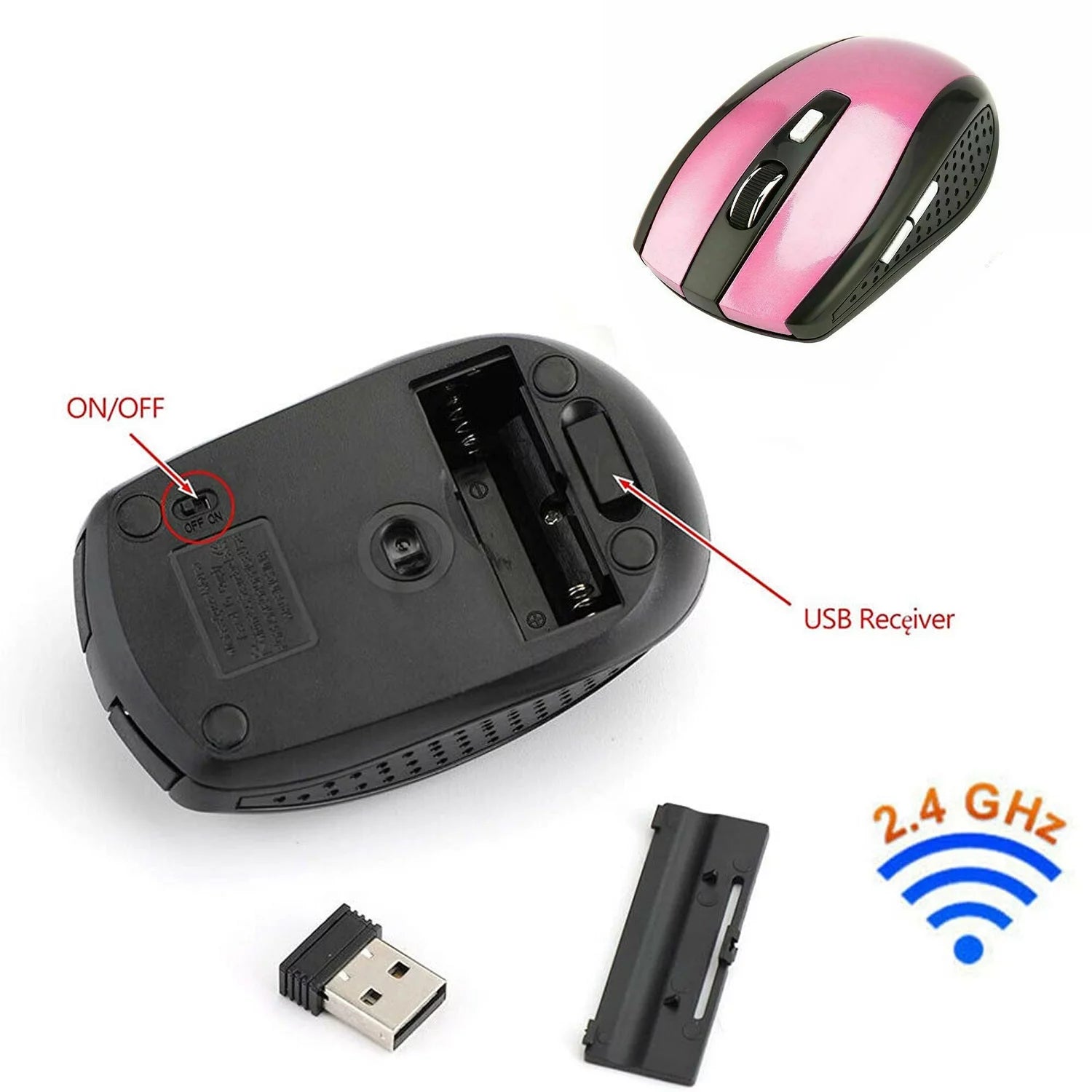 New 2.4Ghz Wireless USB Receiver Mouse Mice Computer Mouse Pink