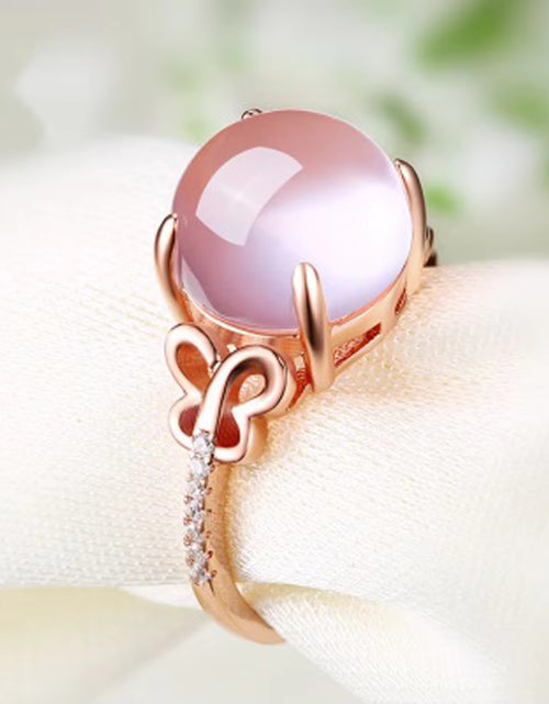 Load image into Gallery viewer, Pink Stone Cubic Zirconia Rose Gold Color Ross Quartz Pink Crystal Opal Ring Butterfly Jewelry for Women Wedding Party Gift
