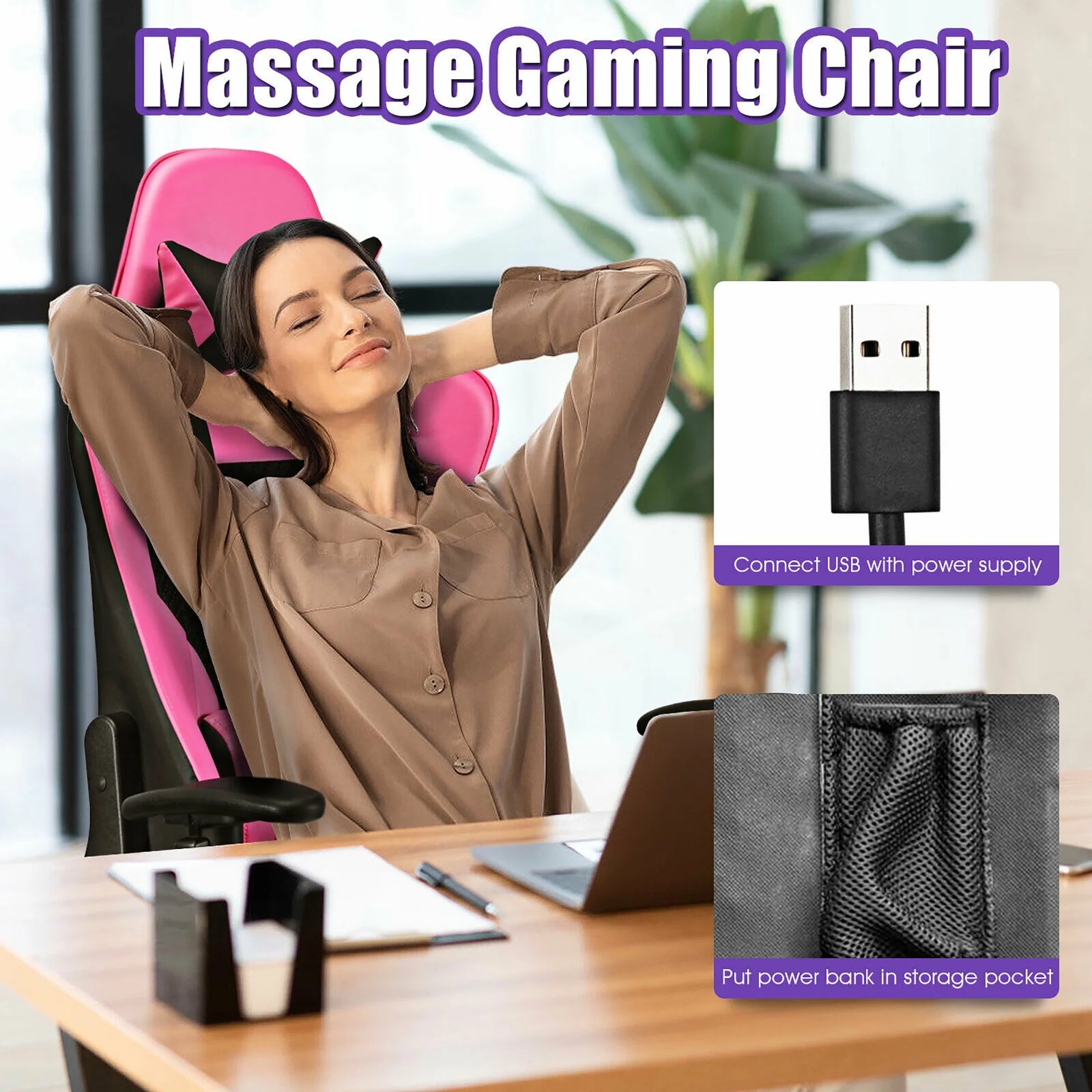 Massage Gaming Chair Reclining Racing Office Computer Chair with Footrest Pink