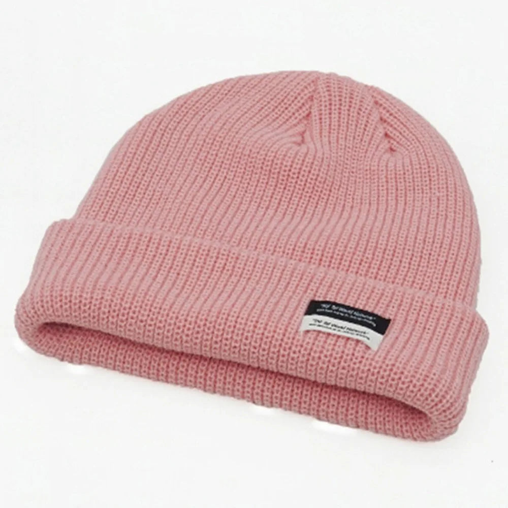 Autumn Winter Men'S Ribbed Knit Skull Cap Women Beanie Cuff Hat with Tag Toque Dark Grey Orange White Black Blue-Green Pink