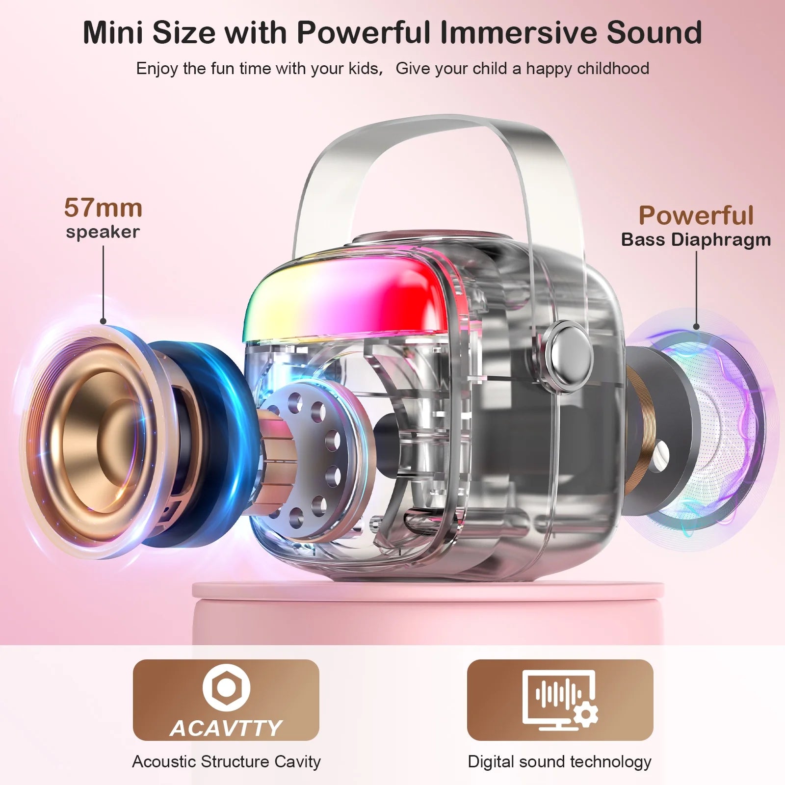 Mini Karaoke Machine for Kids, Kids Bluetooth Speaker with 2 Microphones, Home Party Karaoke System with RGB Light, Mini Boombox for Birthday & Christmas Gifts, D22-T