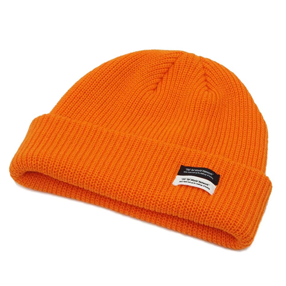 Autumn Winter Men'S Ribbed Knit Skull Cap Women Beanie Cuff Hat with Tag Toque Dark Grey Orange White Black Blue-Green Pink