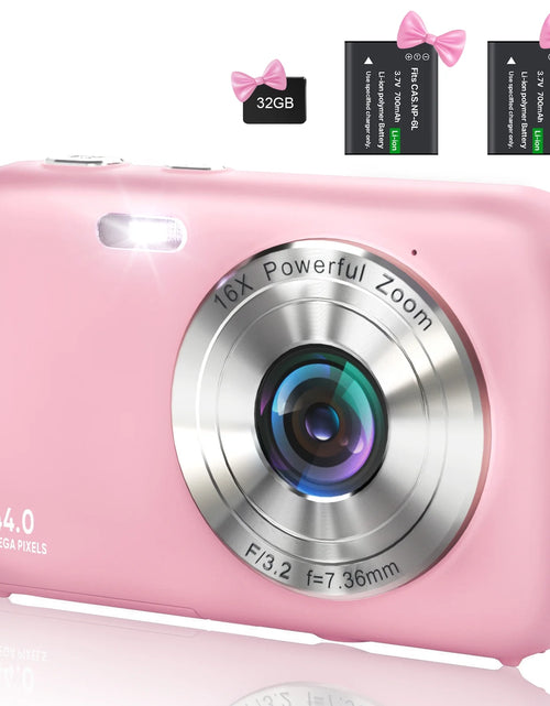 Load image into Gallery viewer, Digital Camera 1080P Kids Camera 16X Digital Zoom Portable Small Camera Point and Shoot Camera Mini Digital Camera for Teens Kids Seniors with 32GB Card(Pink)
