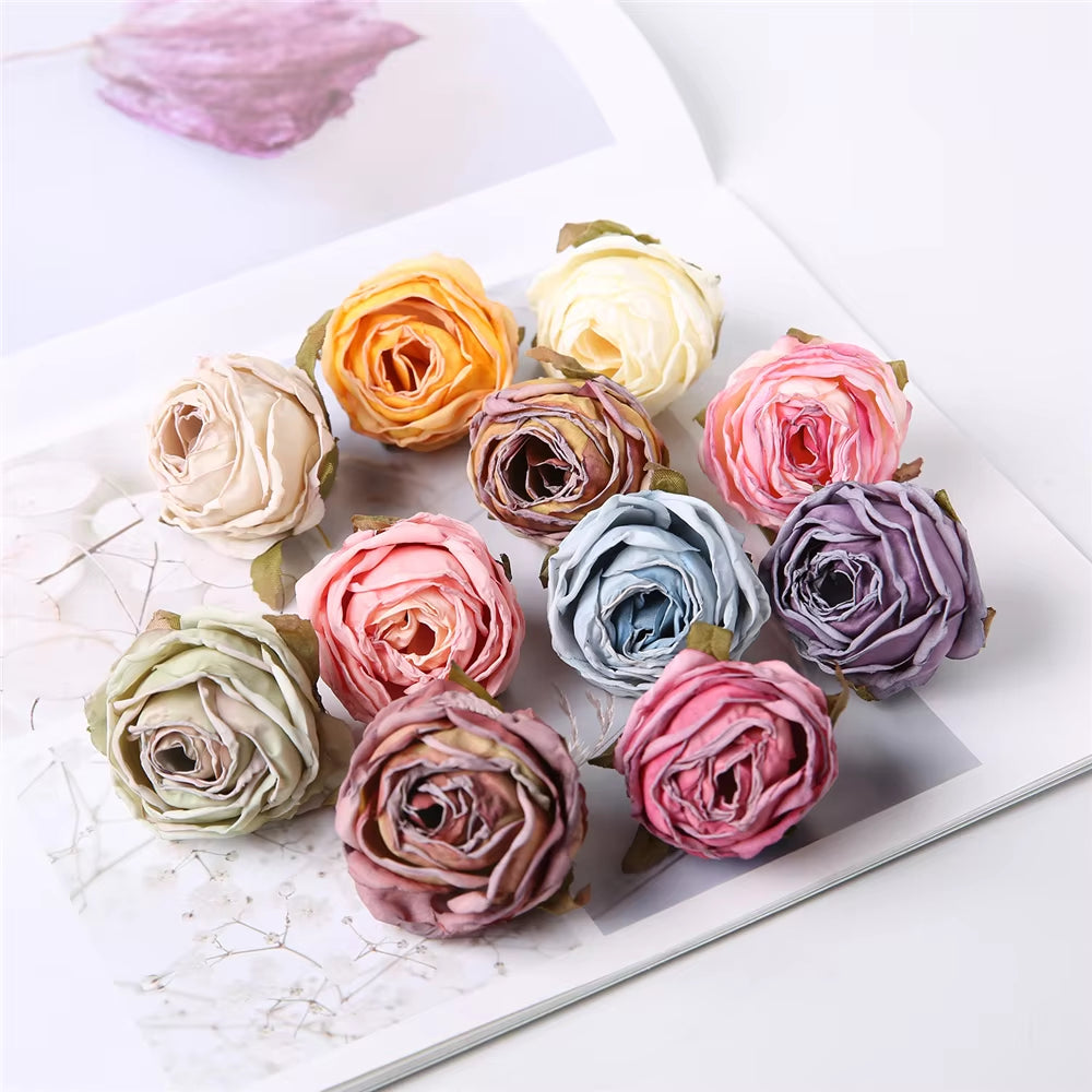 5PCS Artificial Silk Rose Flowers Head Burnt Edge Rose Fake Flower DIY Wedding Decorations Home Crafts Scrapbook Accessories