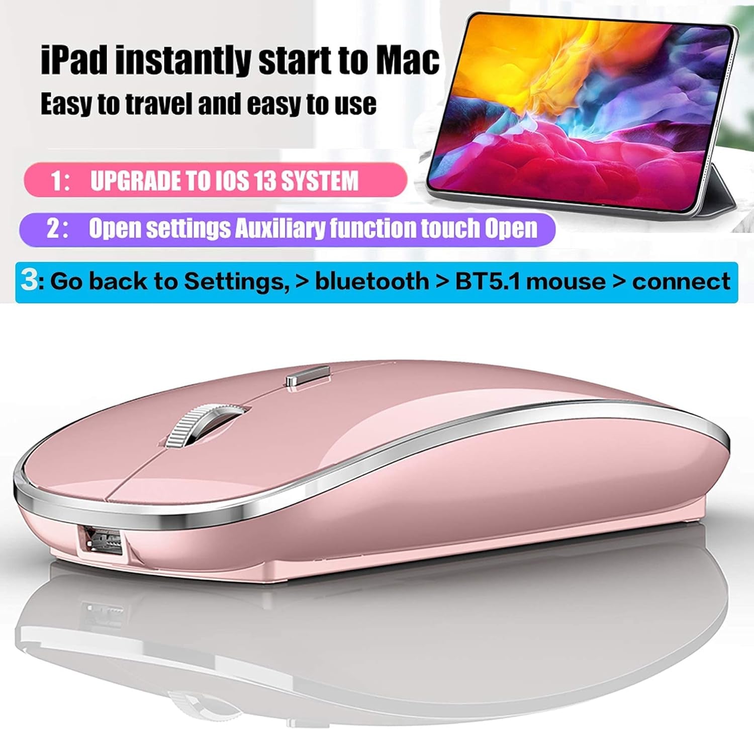 Bluetooth Mouse for Ipad Pro Ipad Air Mac Macbook Pro Macbook Air Macbook Wireless Mouse Laptop Chromebook Win8/10/11 HP DELL PC (Pink)