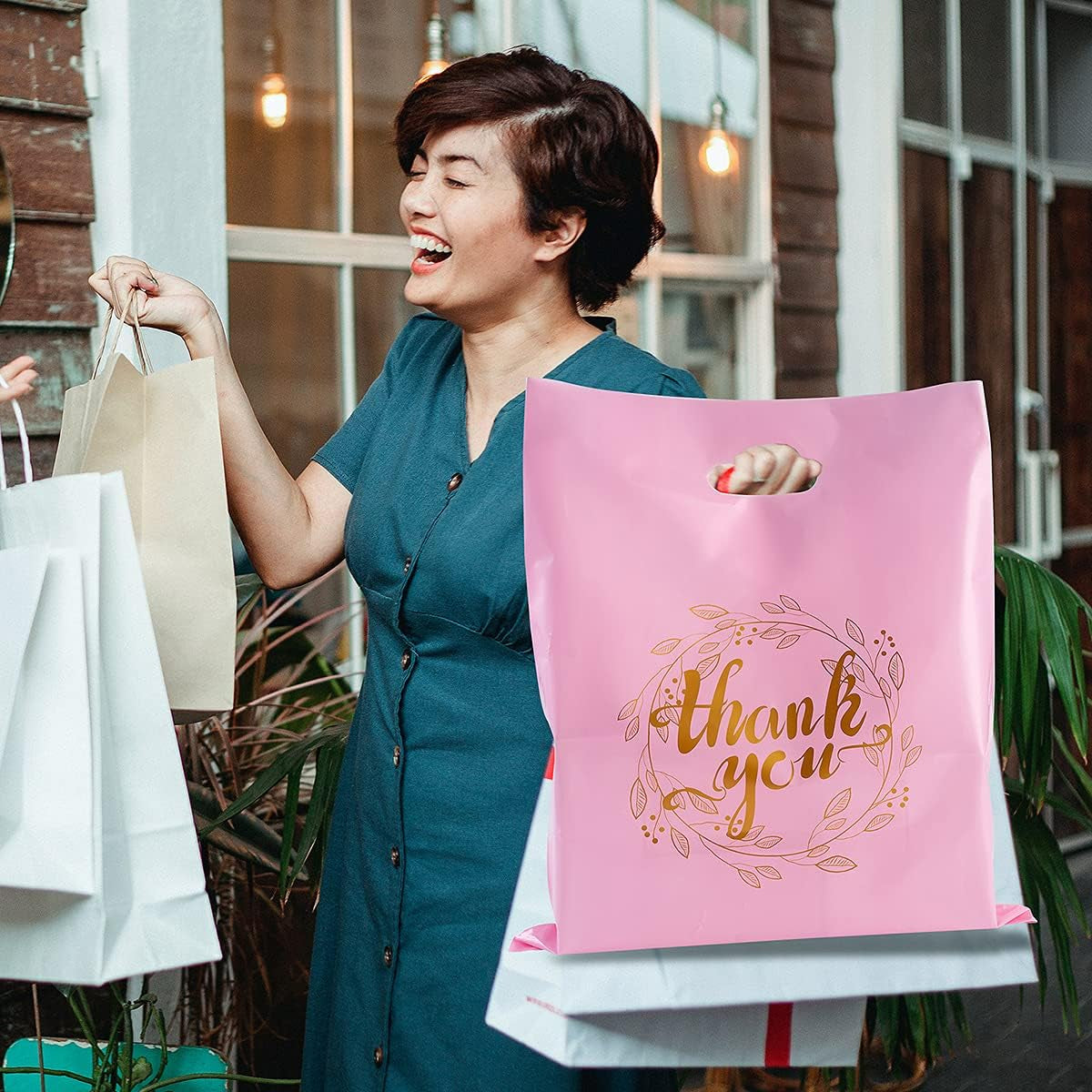 100 Pieces 12X15 Thank You Merchandise Bags Party Gift Bags Candy Bags for Boutique, Retail, Gift Bags, Clothes, Party Favors (Pink/Gold)