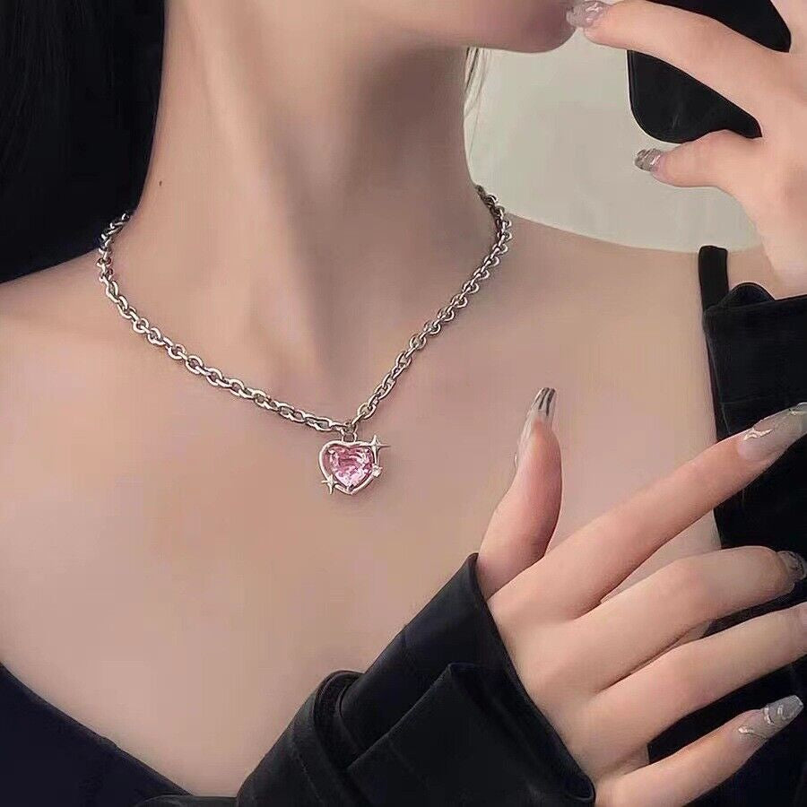 Fashion Pink Heart Pendant Necklace Pink Crystal Egirl Clavicle Chain Jewelry