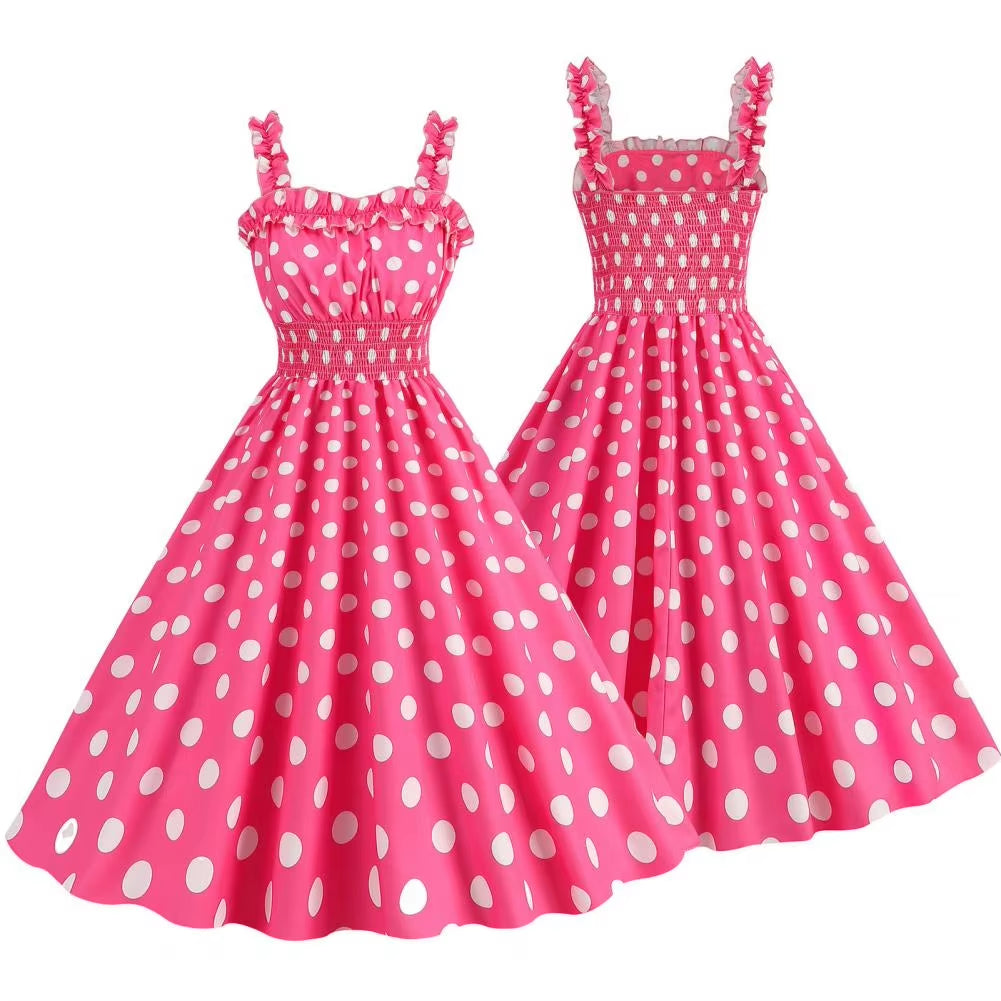 Elegant Pink Summer Plaid Dress Movie Barbi Pink Dress for Women Princess Robbie Lace-Up Dresses