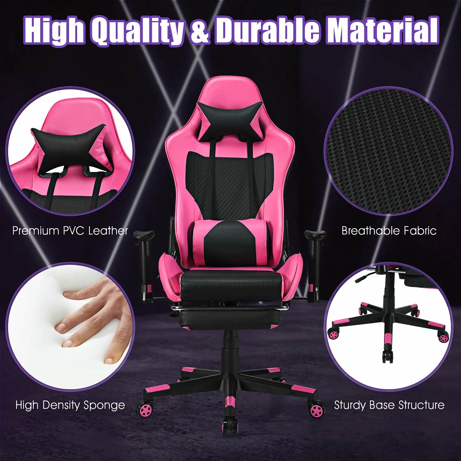 Massage Gaming Chair Reclining Racing Office Computer Chair with Footrest Pink