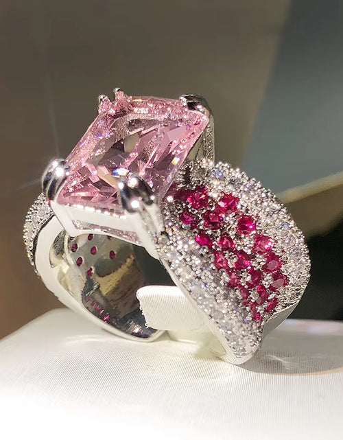 Load image into Gallery viewer, 925 Silver High-Definition Pink Diamond Ring Female Personality Opening Pink Four-Claw Gemstone Ring Female Party Birthday Gift
