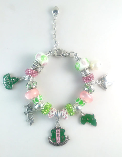 Load image into Gallery viewer, Greek Pink and Green European Style Bead Charm Bracelet
