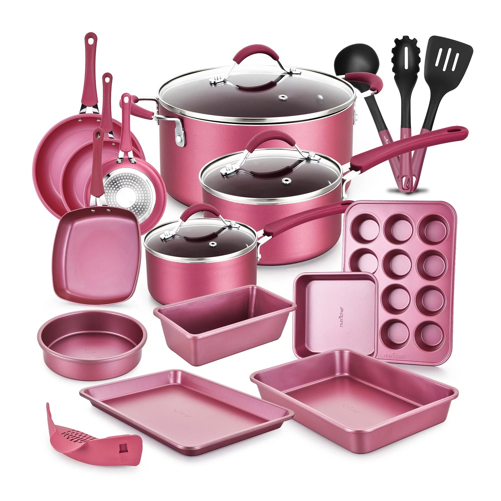 Nonstick Cooking Cookware Pots & Pans, 20 Pieces, Marron Pink
