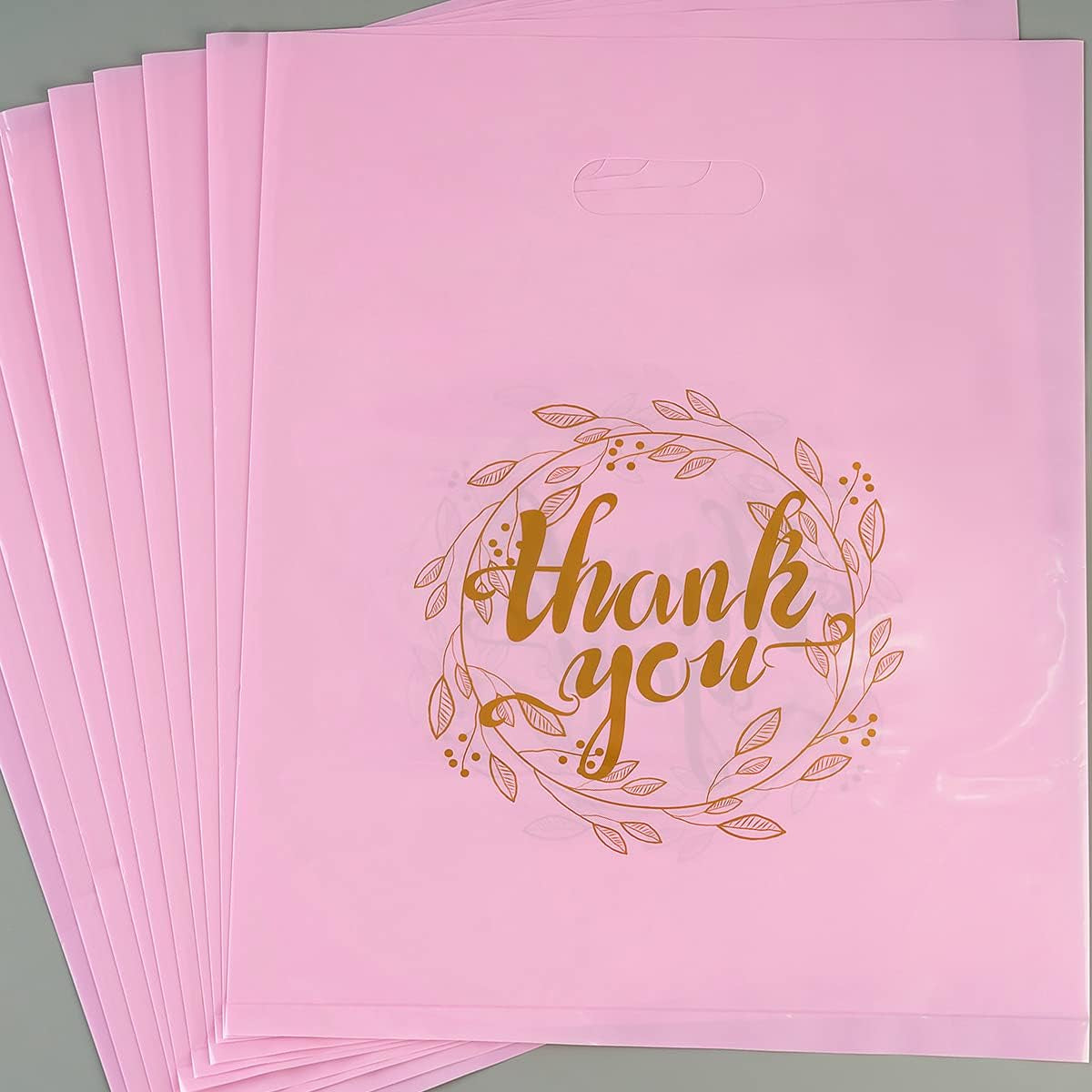 100 Pieces 12X15 Thank You Merchandise Bags Party Gift Bags Candy Bags for Boutique, Retail, Gift Bags, Clothes, Party Favors (Pink/Gold)