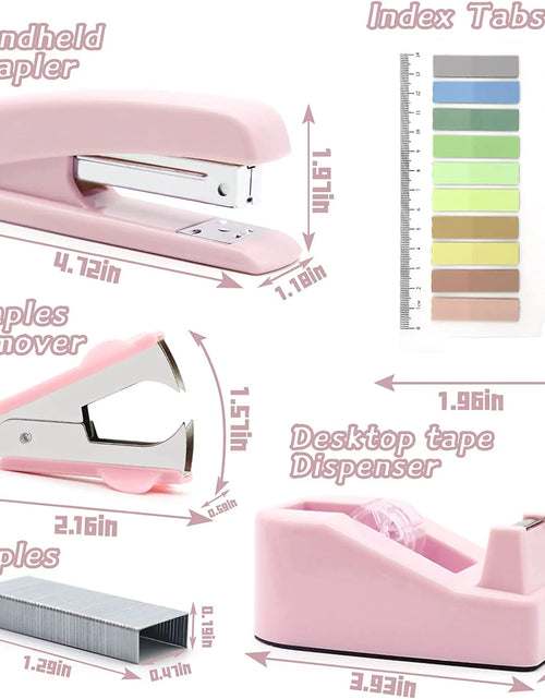 Load image into Gallery viewer, Pink Office Supplies, Desk Organizers and Accessories Office Supplies with Staple Remover, Stapler, Tape Dispenser, Staples, Clips, Scissor and Tabs
