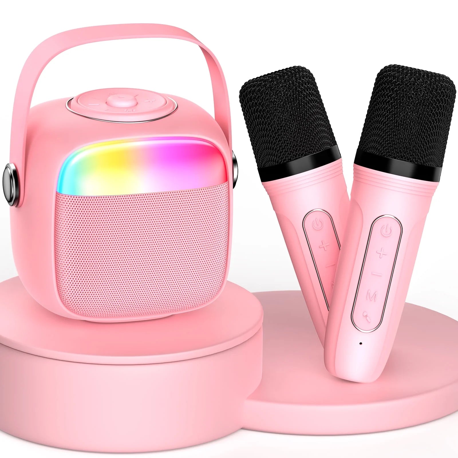 Mini Karaoke Machine for Kids, Kids Bluetooth Speaker with 2 Microphones, Home Party Karaoke System with RGB Light, Mini Boombox for Birthday & Christmas Gifts, D22-T