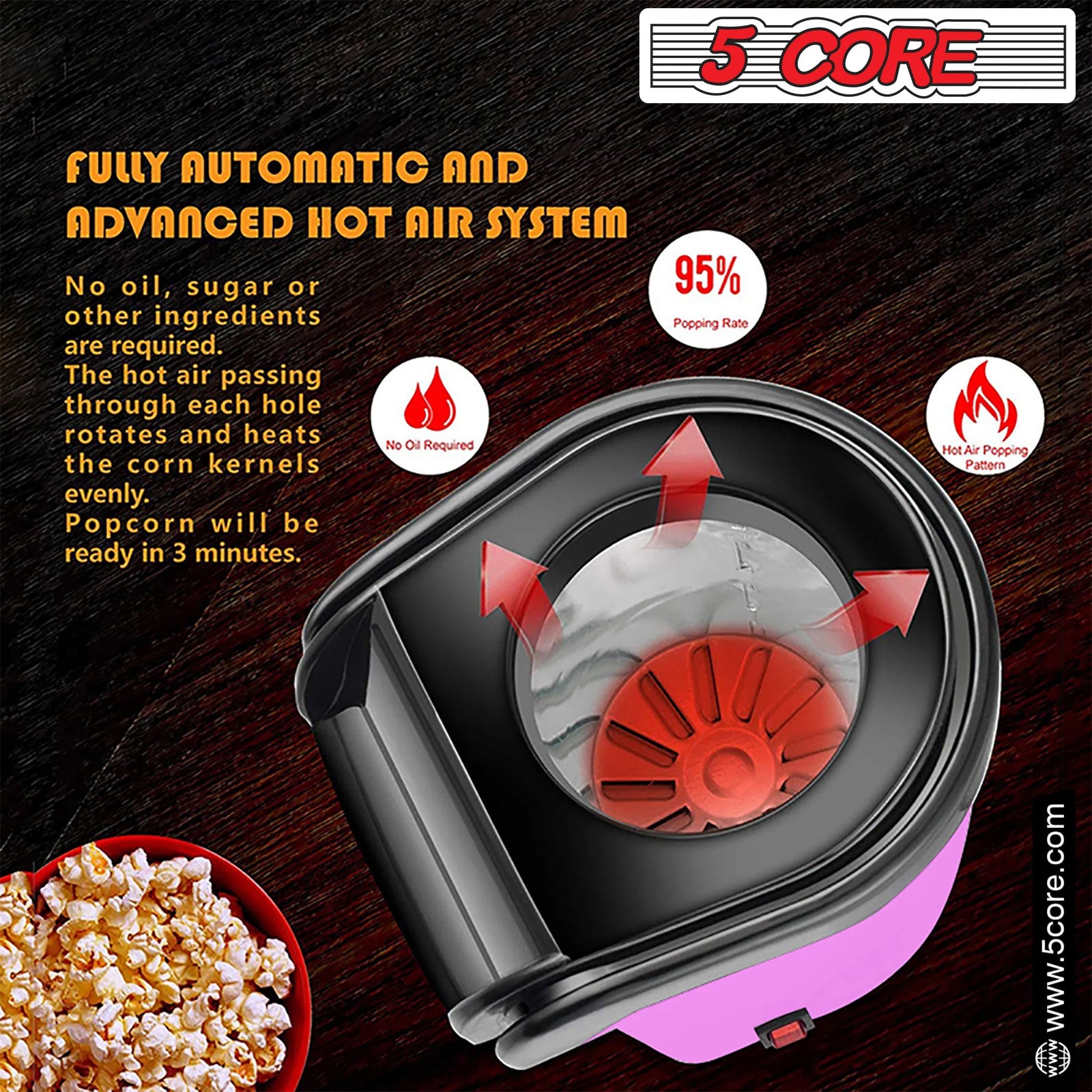 5Core Hot Air Popcorn Machine, 16 Cup, Electric Oil-Free Pop Corn Kernel Popper Bpa-Free Food Safe Pink