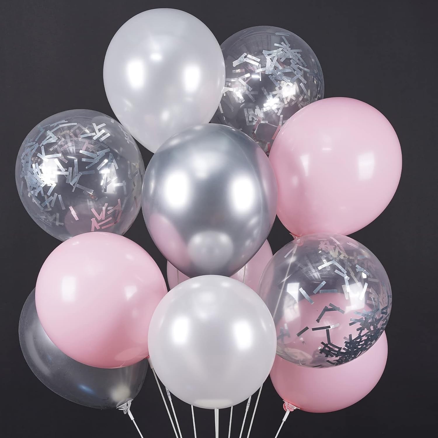Pink Balloons Set, 60 Pcs Pink and White Balloons, Silver Metallic Balloons, Silver Confetti Balloons, Party Balloons, Latex Balloons, Birthday Party Decorations, Pink Party Decorations
