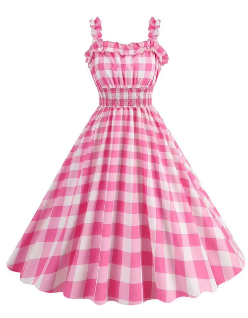 Load image into Gallery viewer, Elegant Pink Summer Plaid Dress Movie Barbi Pink Dress for Women Princess Robbie Lace-Up Dresses

